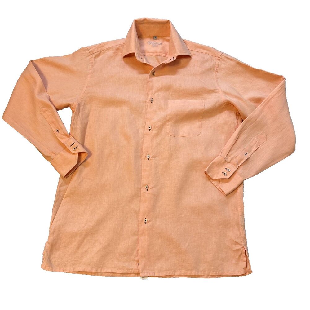VISCONTI Uomo Italian Linen Shirt Men's Medium Summer creamsicle peach button up